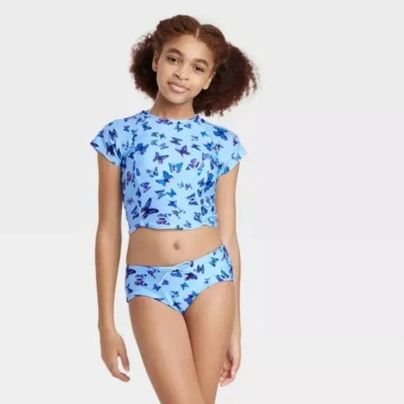 NWT Art Class Girl's Flutter Away Butterfly Print 2 PC Rashguard Swimsuit XL 14 - Picture 1 of 6